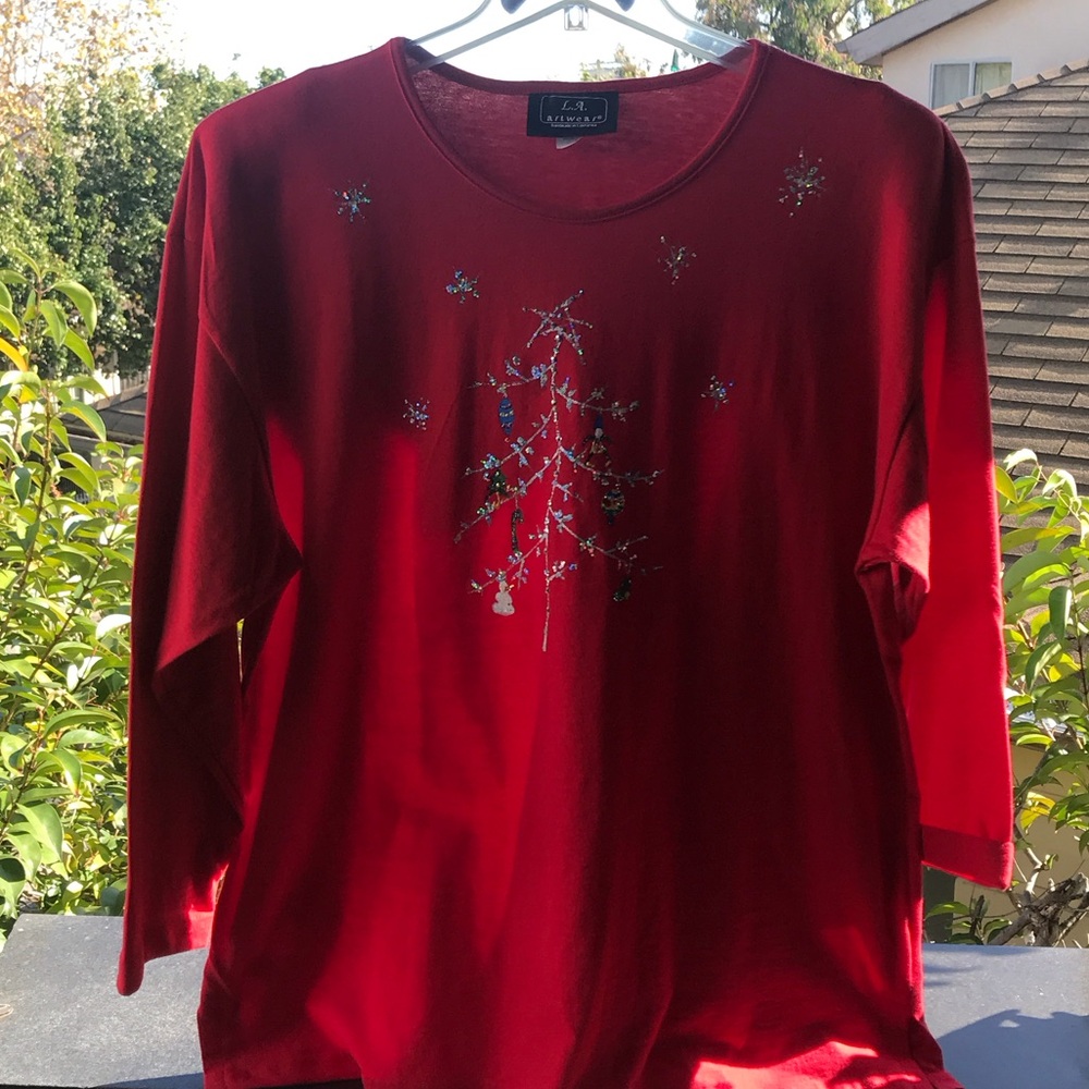 Festive Red Long Sleeve Top Hand painted, and sparkles